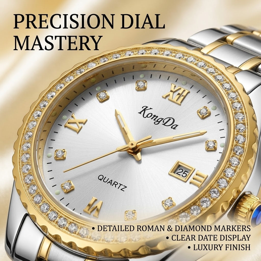 Women’s Luxury Quartz Watch – Sunray Dial, Crystal Fluted Bezel & Two-Tone Metal Bracelet