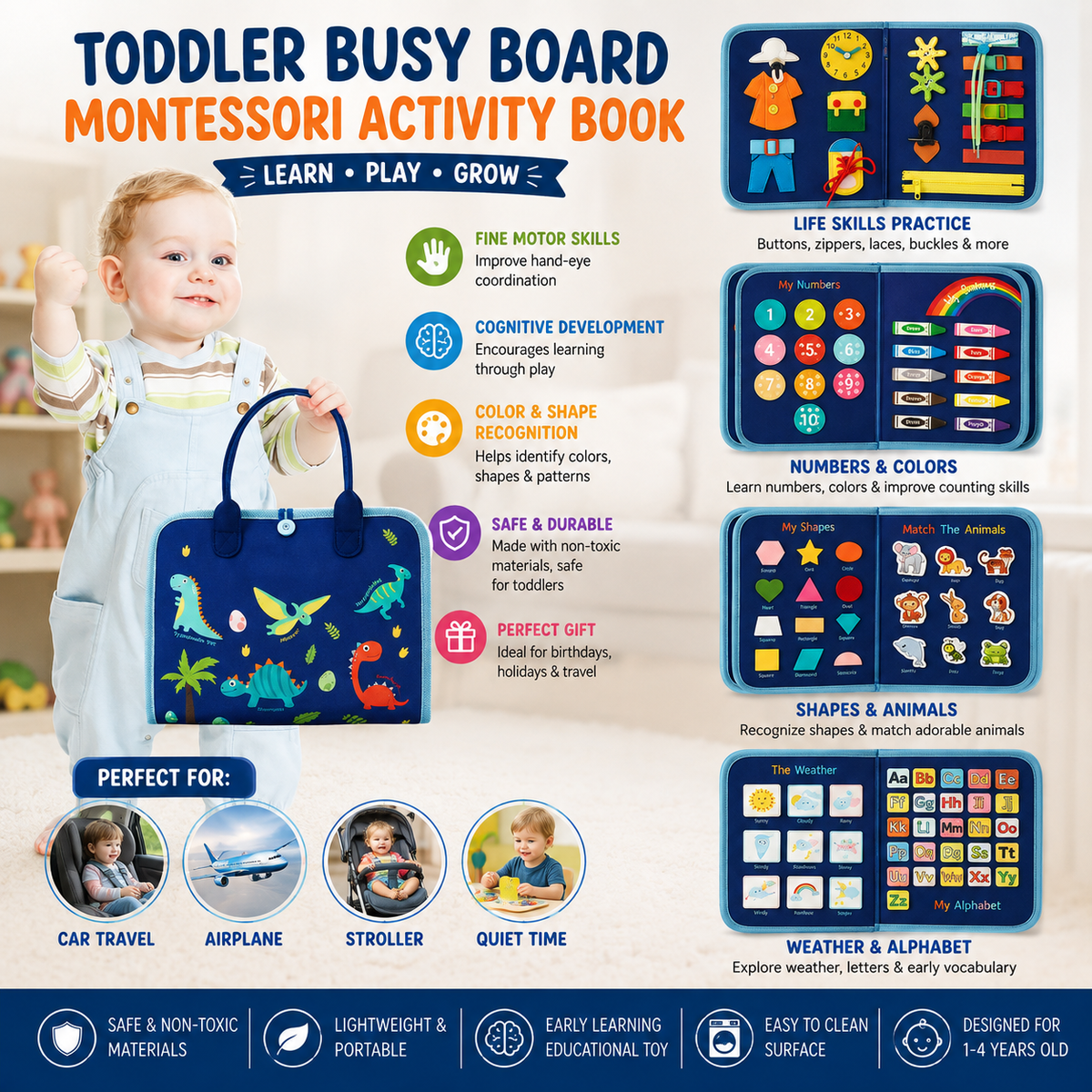 Montessori Busy Board – Sensory Activity Book with Educational Learning Games for Kids