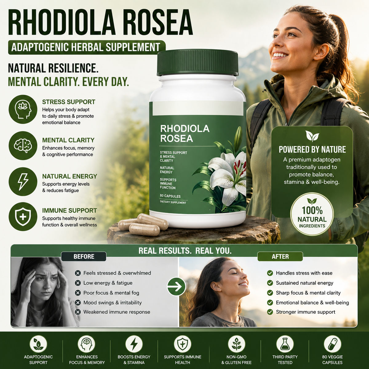 Rhodiola Rosea Capsules Adaptogenic Herbal Supplement