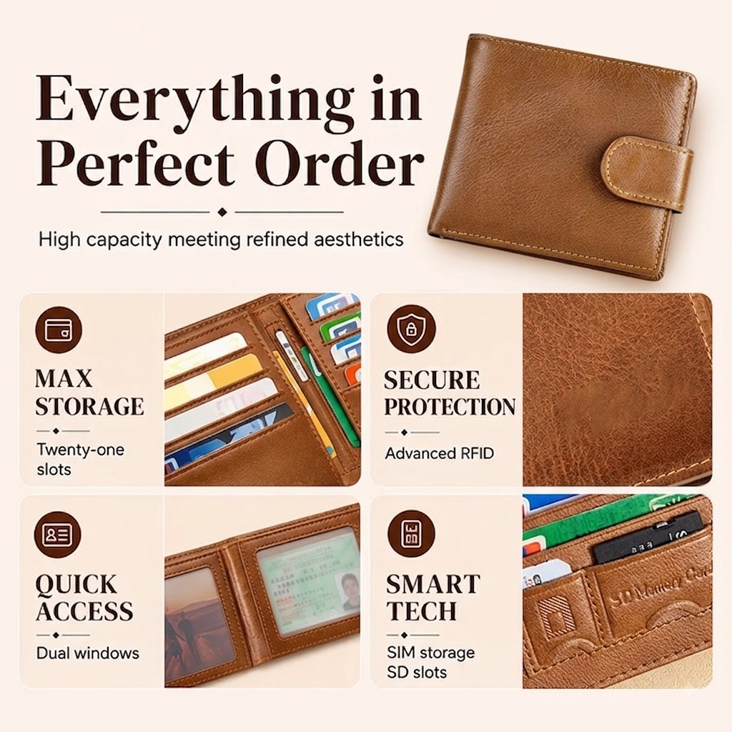 Genuine Leather Men’s Bifold Wallet – Slim Short Wallet with Card Holder & Coin Pocket