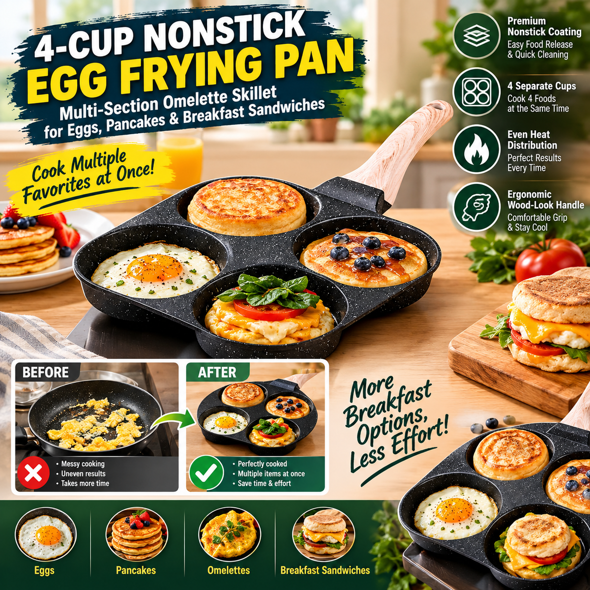 4-Cup Nonstick Egg Frying Pan for Omelette, Pancakes & Breakfast Sandwiches