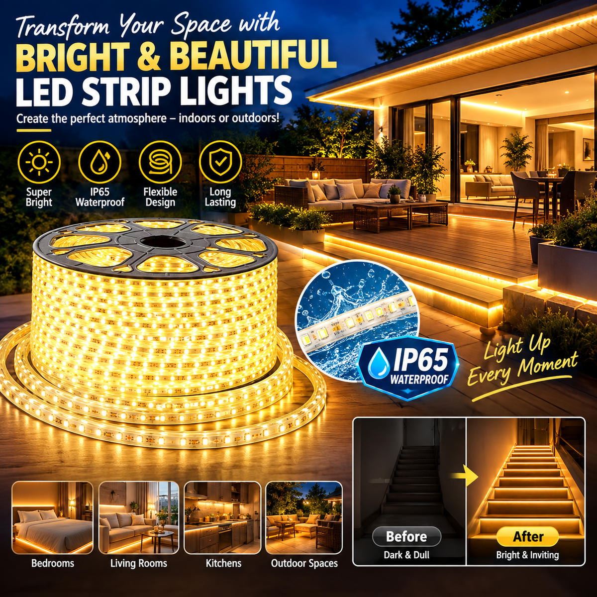 High-Brightness LED Strip Light – IP65 Waterproof Flexible Light Bar