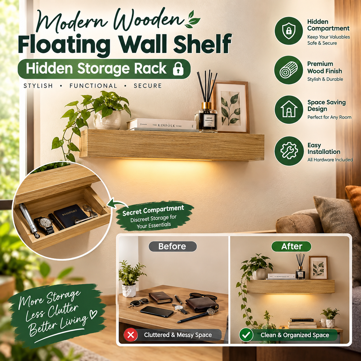 Modern Wooden Floating Wall Shelf – Hidden Storage Rack with Secret Compartment