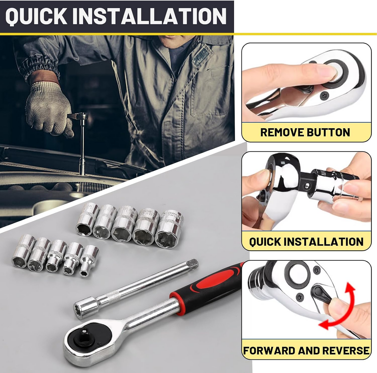 12-Piece 1/4" Universal Car Tool Kit – Ratchet, Socket & Combination Wrench Set