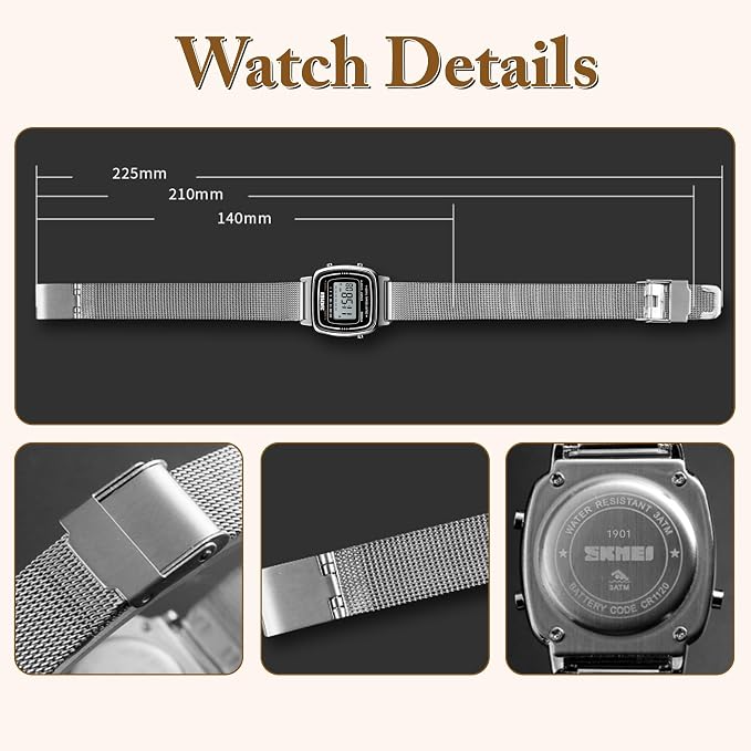 SKMEI 1901 Digital Women's Watch – Stainless Steel Sport Watch with Alarm