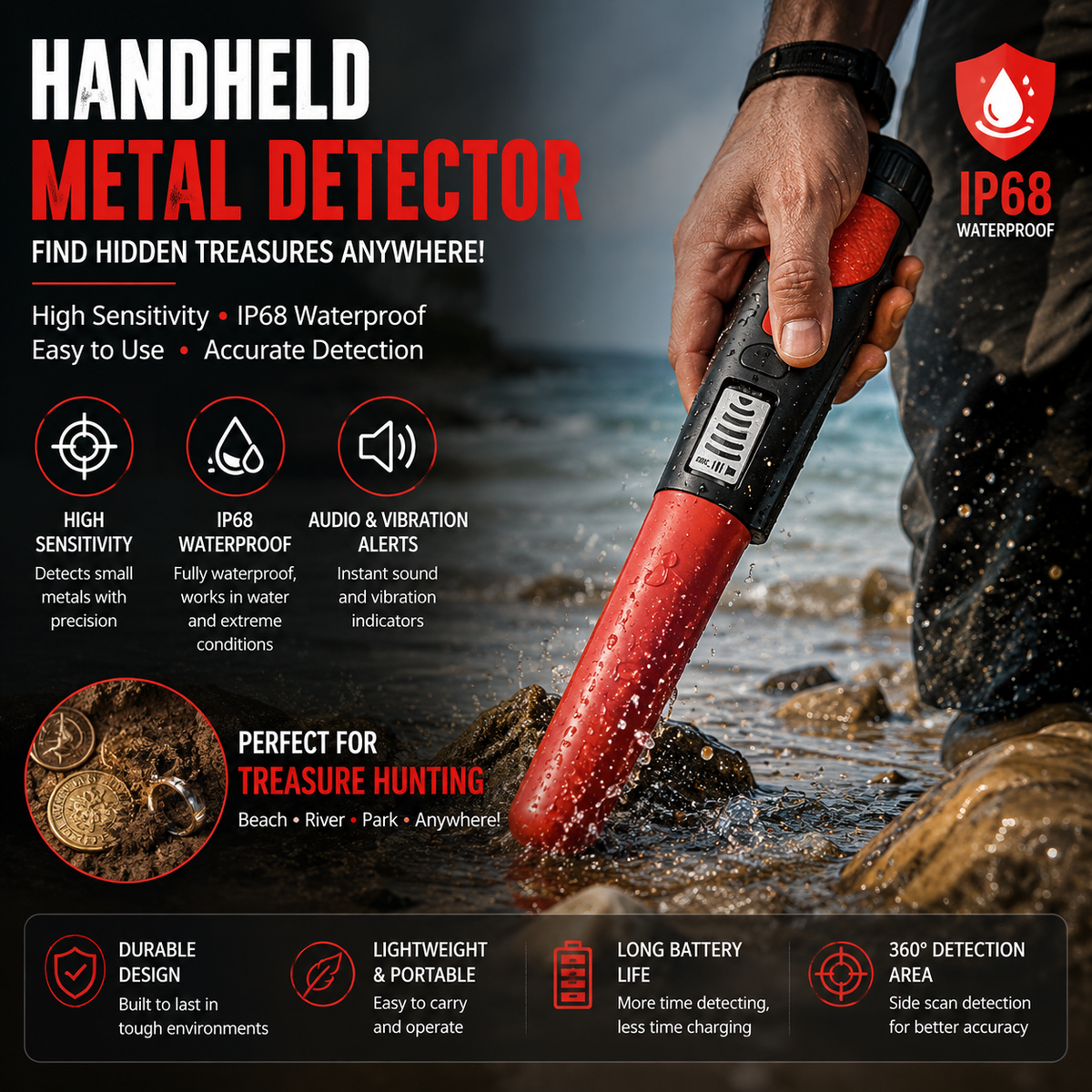 IP68 Handheld Metal Detector – Portable Treasure Hunting & Metal Detection Scanner