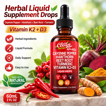 Liquid Drops with Hawthorn, Beet Root & Turmeric – Herbal Supplement with Vitamins D3 & K2