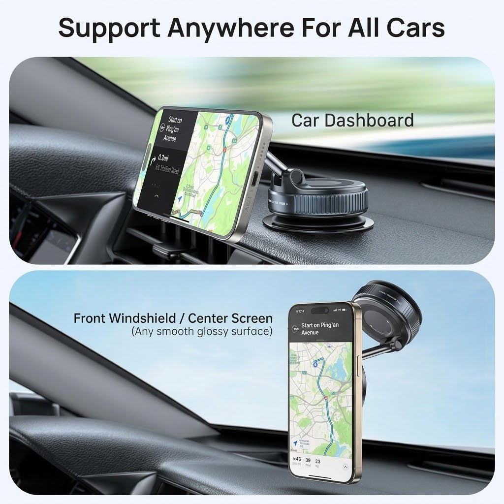Magnetic Suction Cup Phone Mount for MagSafe – 360° Adjustable Foldable Car Phone Holder