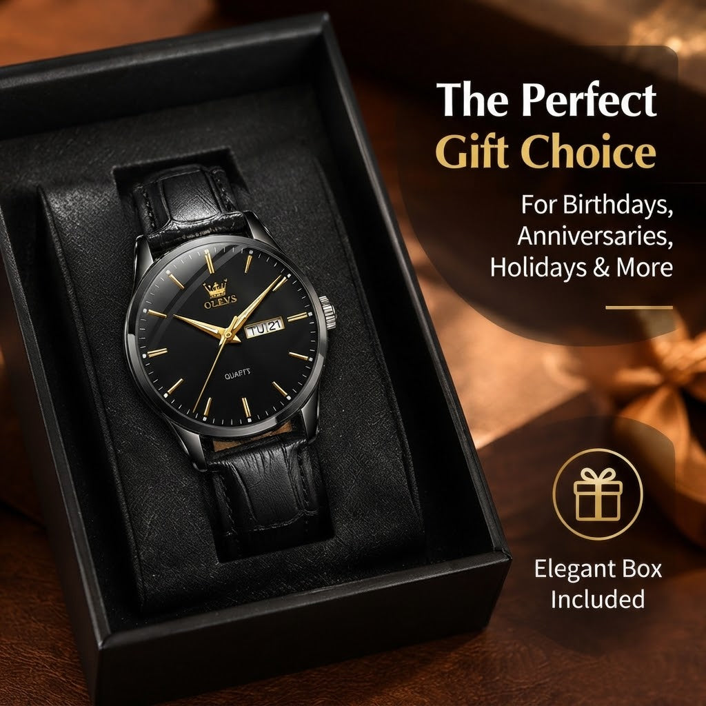 Men’s Genuine Leather Strap Watch with Calendar & Luminous Dial