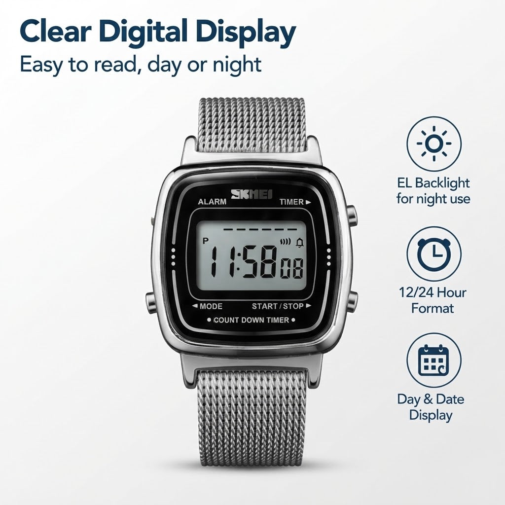 SKMEI 1901 Digital Women's Watch – Stainless Steel Sport Watch with Alarm