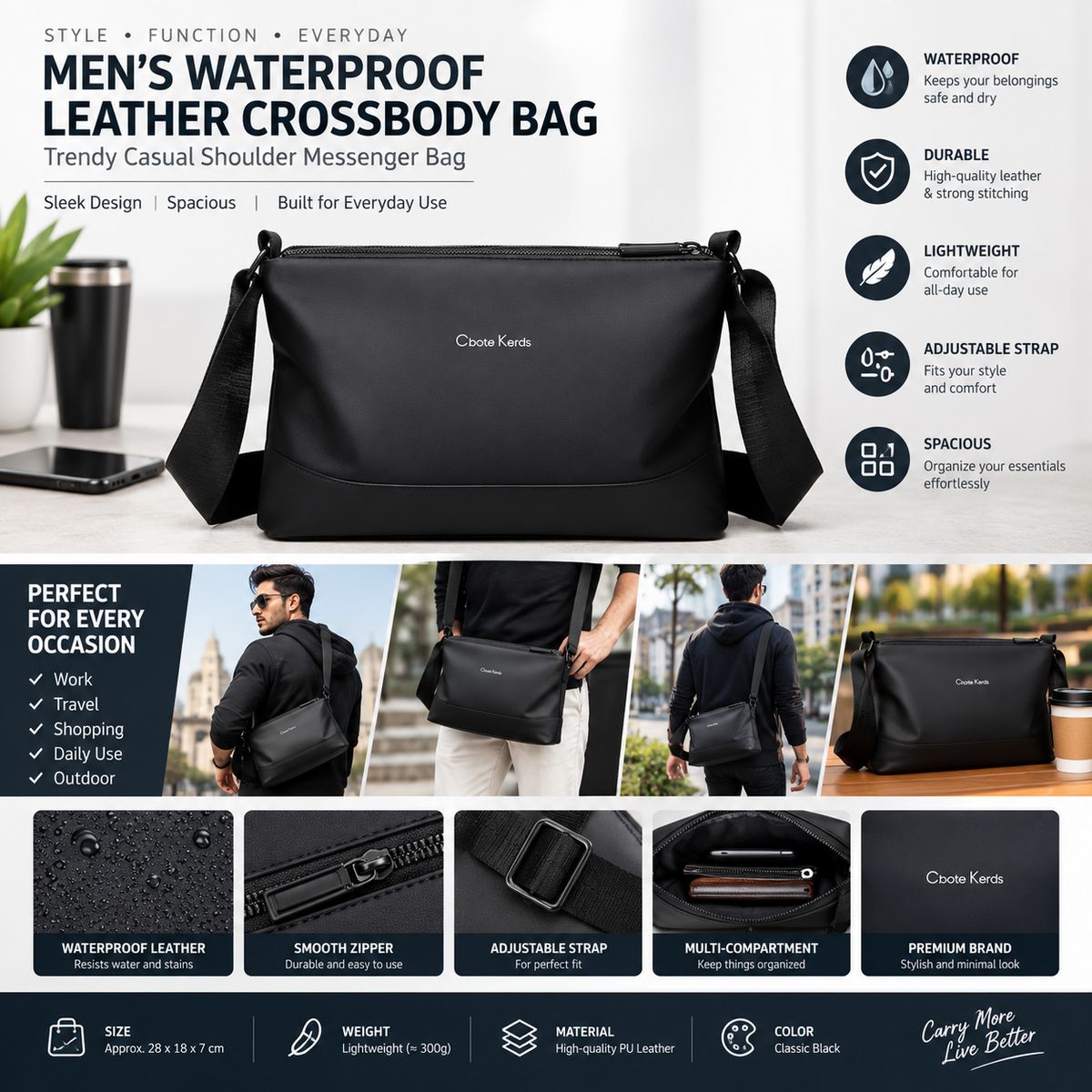 Men’s Waterproof Leather Crossbody Bag – Trendy Casual Shoulder Messenger Bag