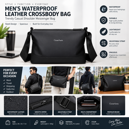 Men’s Waterproof Leather Crossbody Bag – Trendy Casual Shoulder Messenger Bag