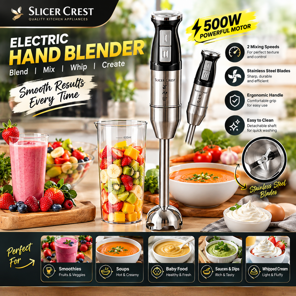 Slicer Crest Immersion Hand Blender – 2-Speed Mixer with Stainless Steel Blades