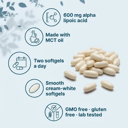 Coconut Oil Based R-Alpha Lipoic Acid Softgels – 120 Count Antioxidant Wellness Supplement