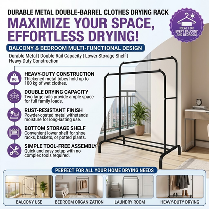 Double-Barrel Metal Clothes Drying Rack – Multi-Functional Balcony & Bedroom Hanger
