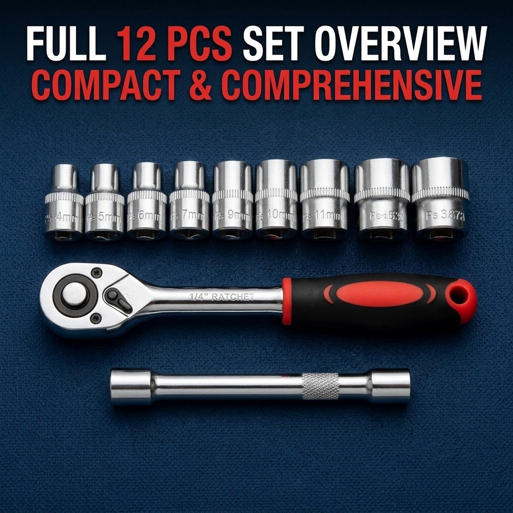 12-Piece 1/4" Universal Car Tool Kit – Ratchet, Socket & Combination Wrench Set