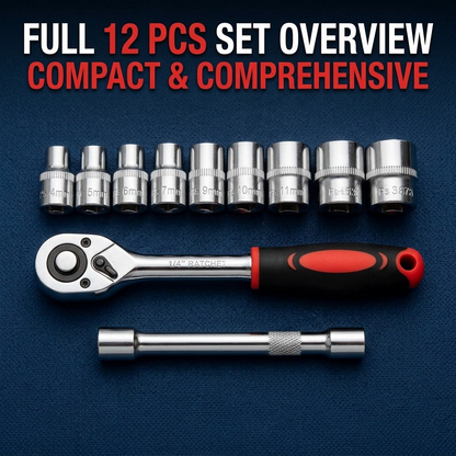 12-Piece 1/4" Universal Car Tool Kit – Ratchet, Socket & Combination Wrench Set