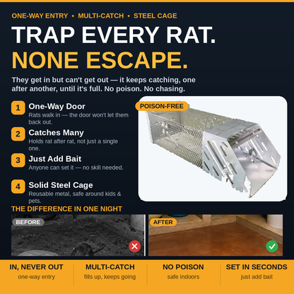 One-Way Entry Multi-Catch Rat Trap – Reusable Steel Cage, No Poison & No Chasing
