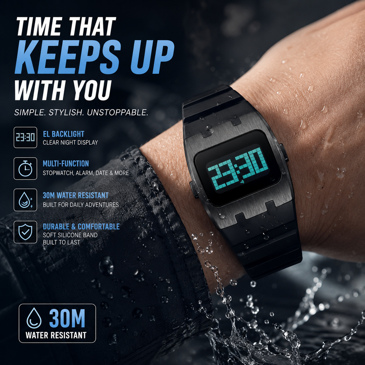 Men’s Square & Multifunction Sports Watch with Stopwatch, Alarm & Water Resistance