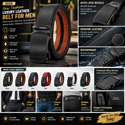 Men’s Genuine Leather Auto-Lock Belt – Fashion Alloy Buckle Formal Luxury Waist Belt