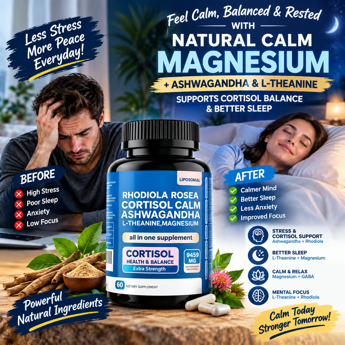 Calm Magnesium Capsules – Ashwagandha & L-Theanine for Relaxation & Sleep Support