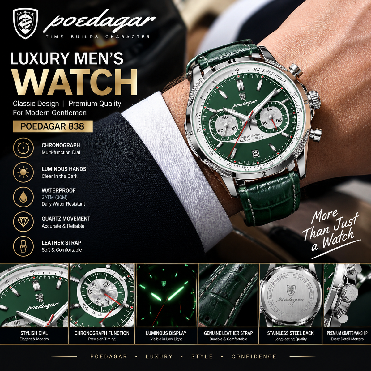 Poedagar 838 Luxury Men’s Watch – Leather Strap Chronograph Quartz Business Watch