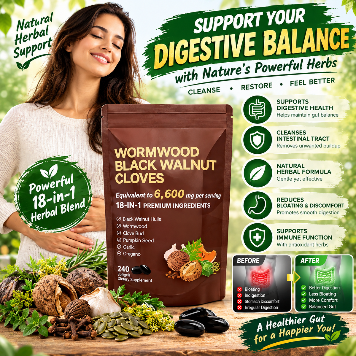 Daily Herbal Supplement Softgels – Wormwood & Black Walnut Extract for Digestive Wellness