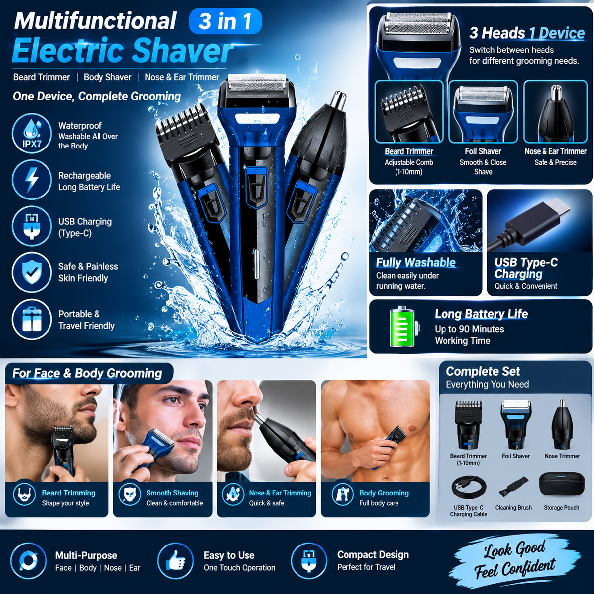 3-in-1 Rechargeable Electric Shaver – Washable Beard, Face & Body Trimmer