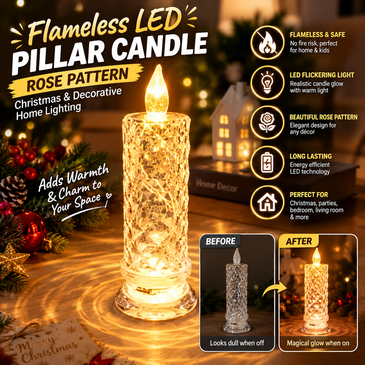 Flameless LED Flickering Pillar Candle – Rose Pattern Christmas &  Decorative Home Lighting