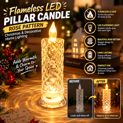 Flameless LED Flickering Pillar Candle – Rose Pattern Christmas &  Decorative Home Lighting