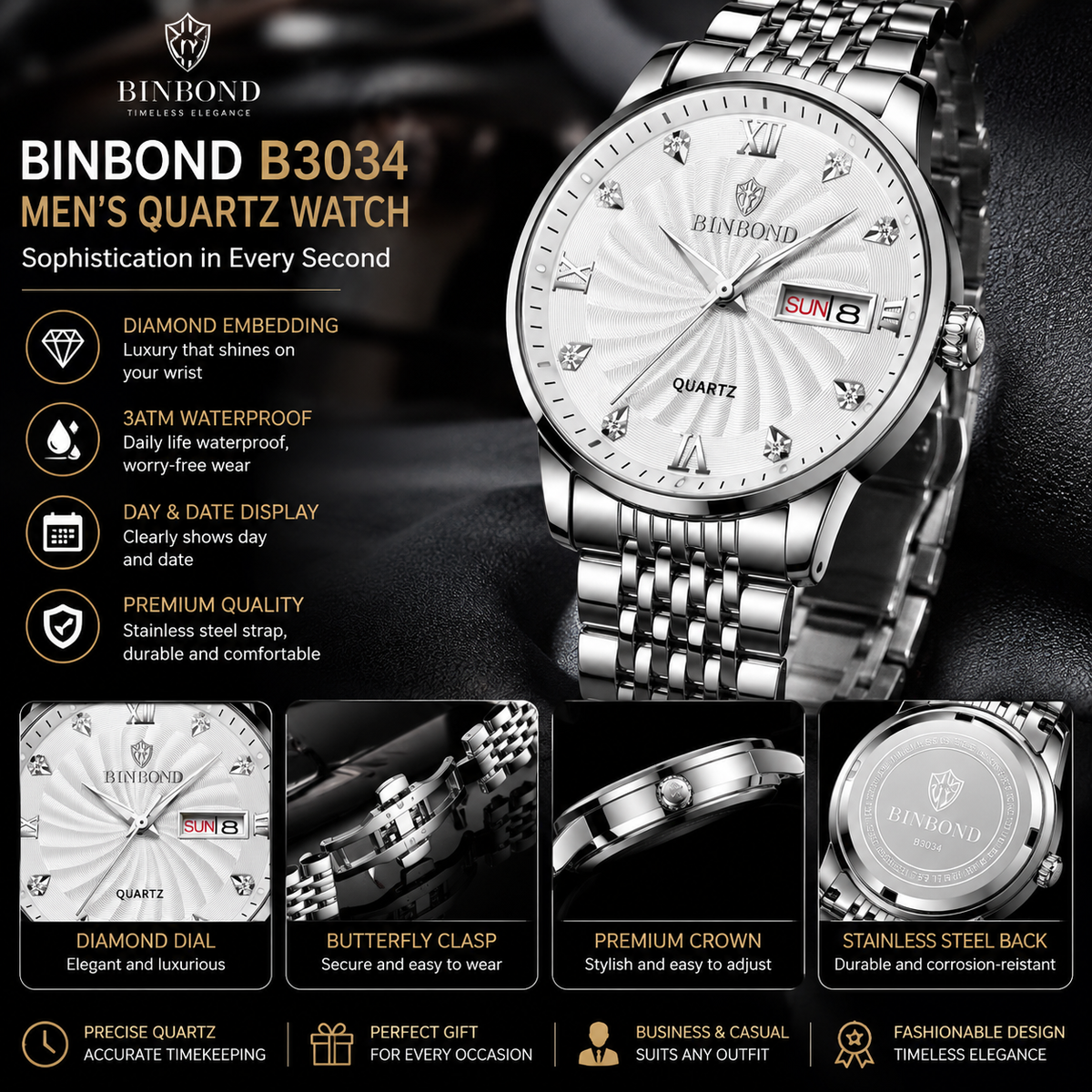 Men’s Luxury Business Watch – Automatic-Style Dial with Diamond Detail & Butterfly Clasp
