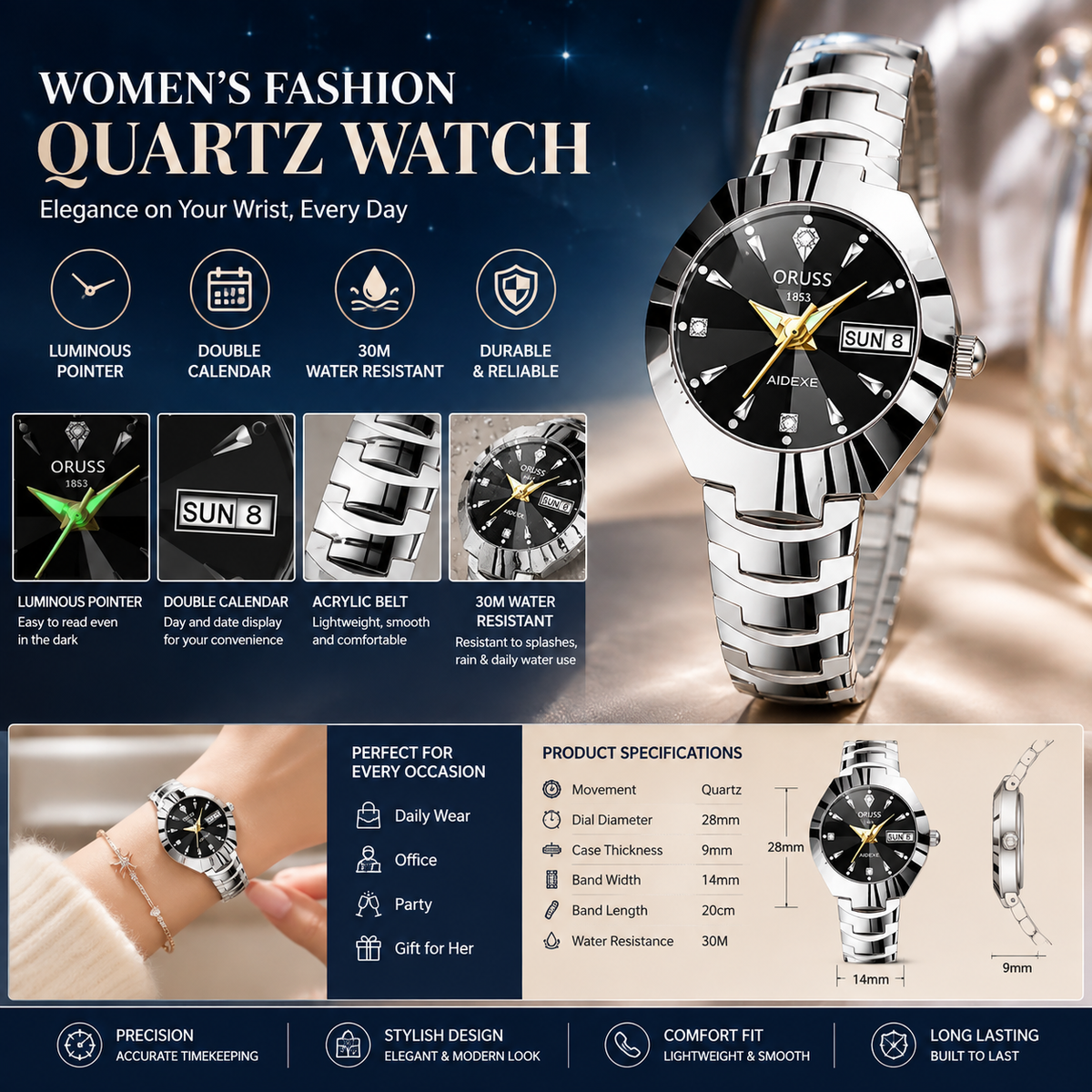 Women’s Fashion Quartz Watch – Luminous Dial with Acrylic Strap, Double Calendar & 30M Water Resistance
