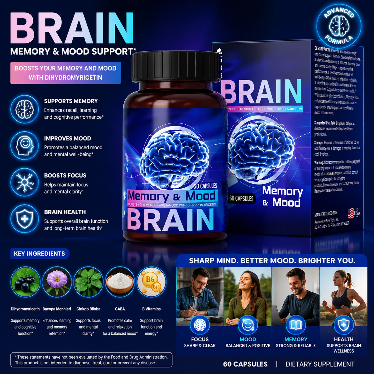 Brain Capsules with Collagen & Vitamins – Daily Nutritional Supplement for Memory, Sleep & Wellness Support